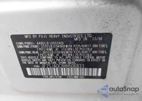 2017 Subaru Forester 2.5I Premium z USA, uszkodzony, nr VIN JF2SJAGC8HH506833